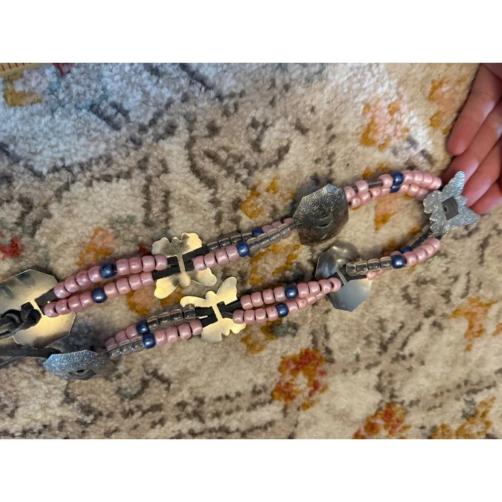 Pink Beaded Butterfly Concho Belt Silver Tone Western Boho Suede Tie‎ Adjustable